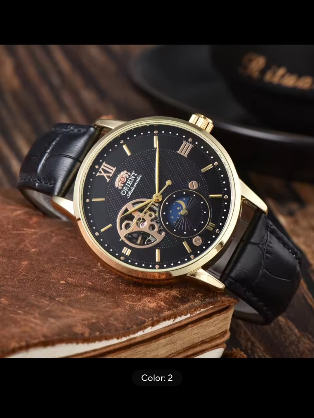 New Orient Gold-Tone Mechanical Watch with Black Dial and Black Leather Strap